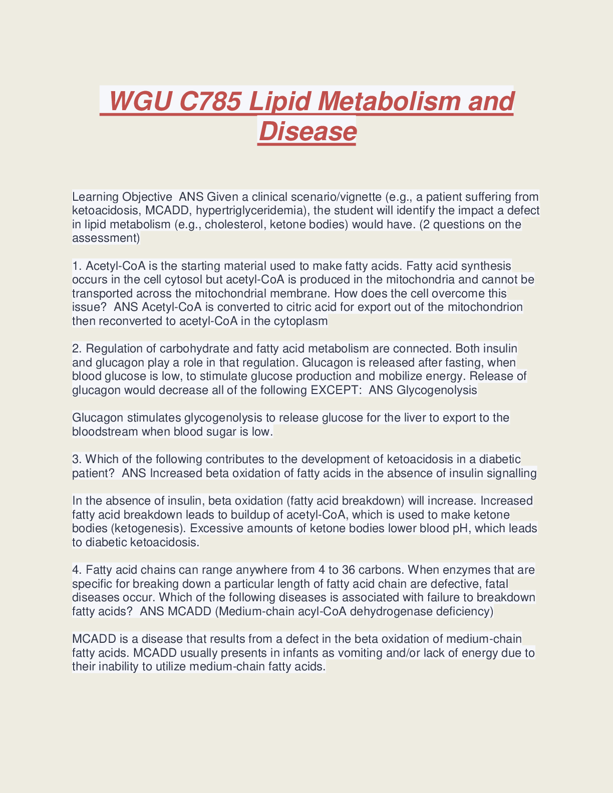 Preview image for WGU C785 Lipid Metabolism and Disease